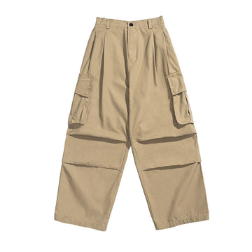 Multi-Pocket Cargo Pants Mens Safari Style Solid Color Pleated Loose Straight-leg Pants Elastic Waist Casual Trousers Men aidase-shop
